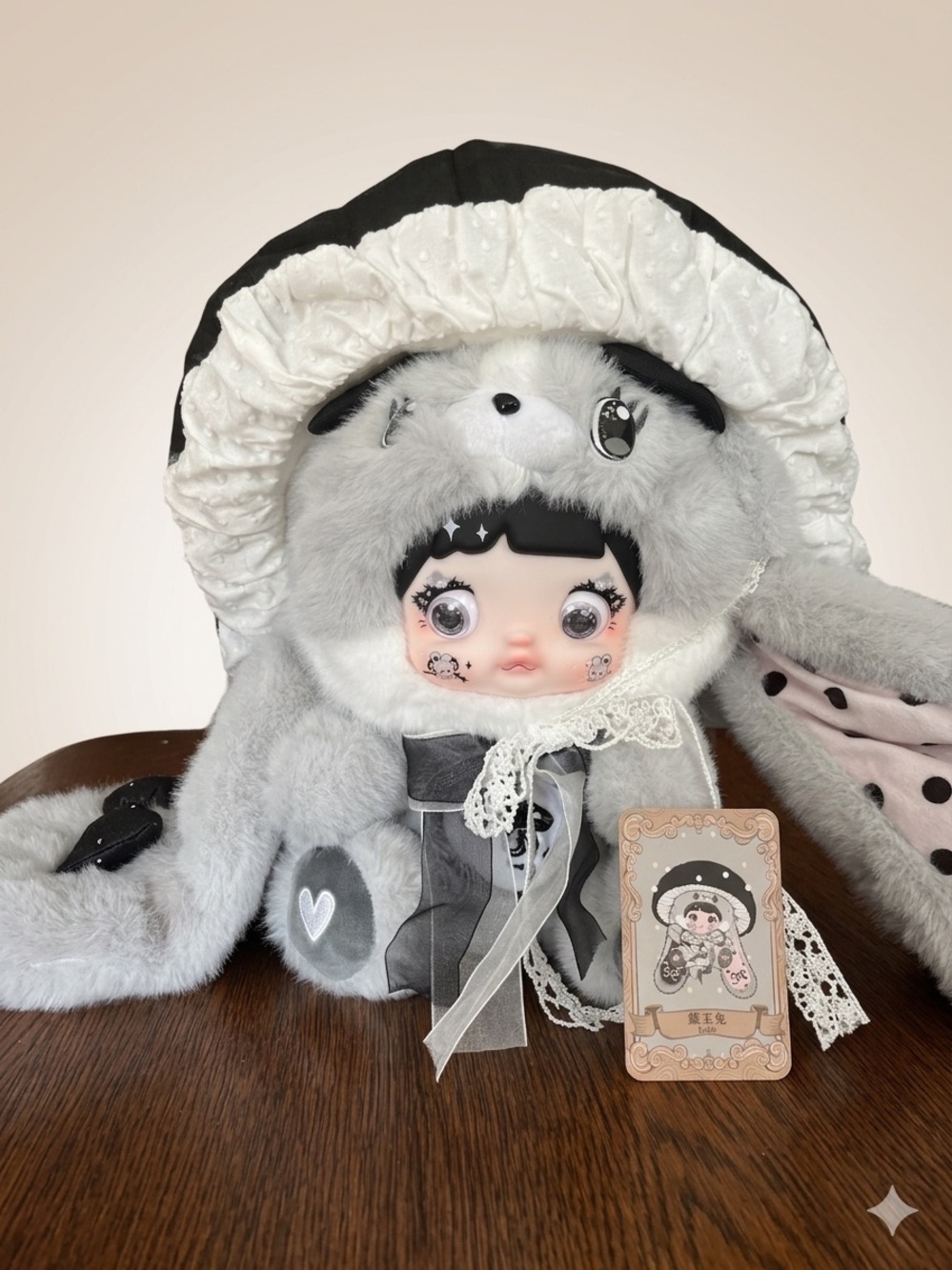 Top Toy x Nommi 400% Mushroom Hat Series "Jade" Gray/Black Rabbit Plush Doll